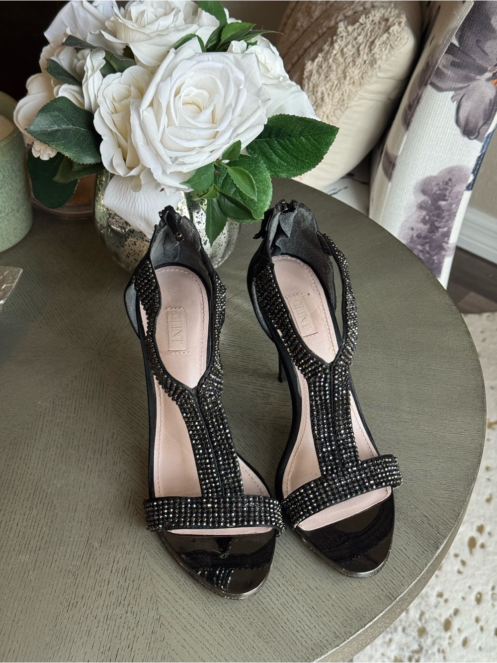 Glint Black Embellished T-Strap High Heel Sandals